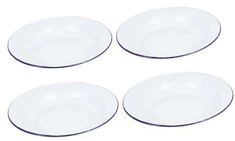 Warmhm 4stücke Runde Weiße Emaille-Teller Flacher Rand Retro Servierplatten Für Salat Dessert Obst Outdoor-Dinner Abwaschbar Kratzfest Einfach Zu Reinigen Vielseitiges Geschirr
