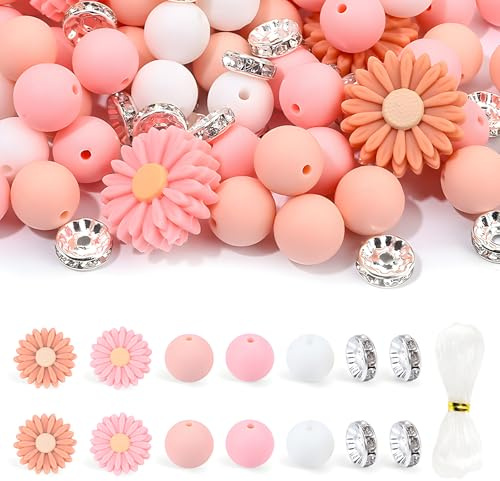 Demarsen 80 stycken silikonpärlor, set med blommor, pärlor, runda, lösa silikonpärlor, färgglada pysselpärlor med hål för gör-det-självare, nyckelring, armband, halsband, smyckestillverkning (rosa)