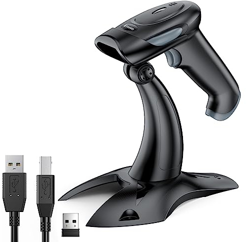 Eyoyo Eyoyo escáner de código de Barras inalámbrico con Soporte, 3-en-1 Bluetooth y 2.4G escáner de código de Barras inalámbrico y conexión USB con Cable, Compatible con Windows,Pos, iOS, Android