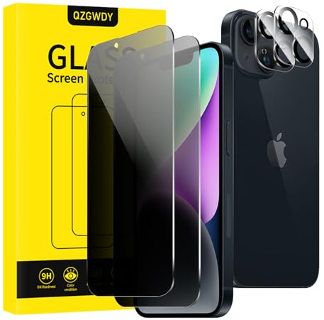 QZGWDY 2 Piezas para iPhone 14 Protector Pantalla Antiespia con 2 Piezas Protectores de Lente de cámara, Cristal Templado Privacidad Screen Dureza 9H Vidrio, Sin Burbujas, Resistente Arañazos