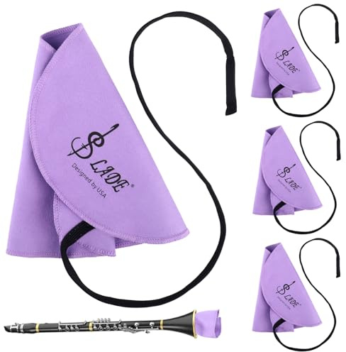 Juego de 4 paños de limpieza de clarinete morados, hisopos con cuerda pesada para saxofón, flauta, piccolo, kit de limpieza de instrumentos de viento de madera