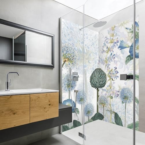 micasia Duschrückwand selbstklebend wasserfest Blumen Hartfolie fugenlos Wandpaneel - made in Germany - Blumenwiese Aquarell matt blau Bad Wandverkleidung für Duschkabine 2047-P (80x200cm)