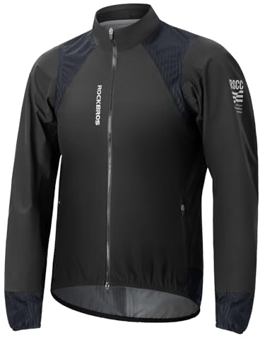 ROCKBROS Regnjacka herr vattentät andas lätt, med reflekterande detaljer, vindtät TPU vindjacka regnrock, cykeljacka för cykling vandring löpning, svart, svart, XL