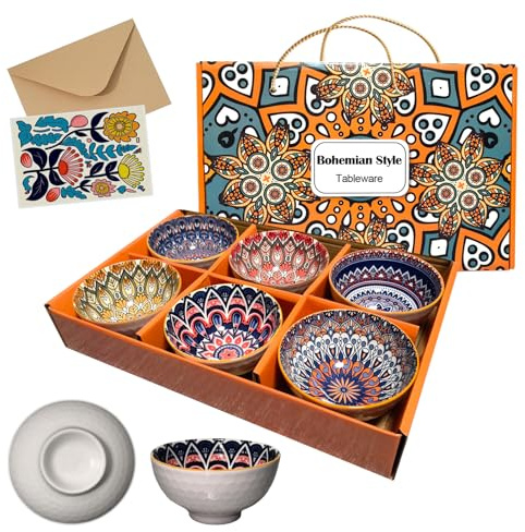 Ceramic Serving Bowls Set of 6, 10oz/300ml Bohimian Rice Bowl with Gift Box and Greeting Card, Cereal Bowls for Desserts Snacks Small Ceramic Bowls Nibble Bowls Dishwasher & Microwave Safe