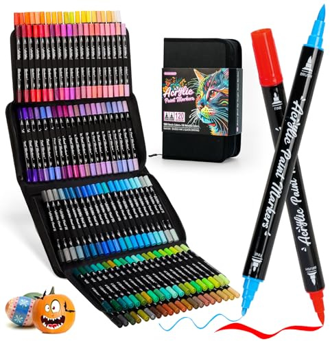 Marqueurs de peinture acrylique, 120 couleurs - Stylos de peinture acrylique à double pointe avec brosse et pointes fines pour peinture sur roche, verre, bois, céramique, toile, pierre - Couleurs