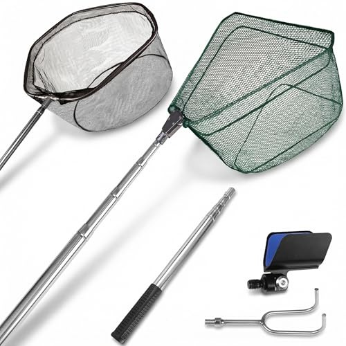 Yeahmart Telescoping Fishing Net, 61 Foldable Landing Net with 2 Interchangeable Heads & Rescue Hook, 4-in-1 Long Handle Fish Net for Kayak, Boat, Bass, Freshwater & Saltwater Fishing Gear