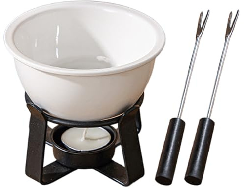 Taza de fondue de chocolate, mini juego de fondue de cerámica con 2 tenedores y base de metal para queso, chocolate, mantequilla y caramelo.