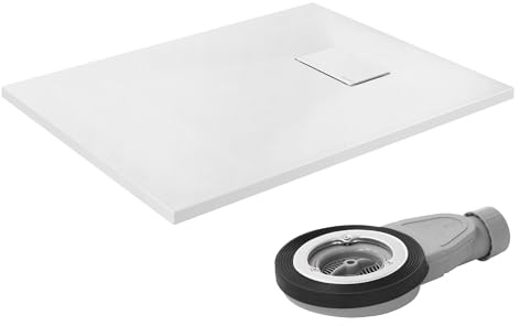 LuxeBath Piatto Doccia 90x70 cm Bianco con Set di Scarico, Extra Piatto e Robusto in SMC, Vasca Doccia Rettangolare Altezza 3cm, Design Effetto Ardesia con Superficie Antiscivolo, Facile Installazione