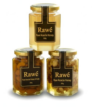 Rawé Raw Honey triple pack with Mixed nuts 280g, honey only 330g, honey with Almonds 280g, luxury honey jars,