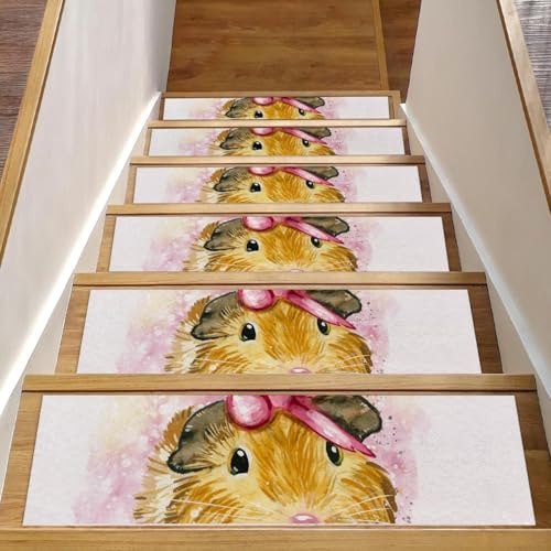 RODAILYCAY Alfombra para peldaños de escalera, bonito conejillo de indias de acuarela, paquete de 15 almohadillas antideslizantes para peldaños de madera, tapete reutilizable para niños, ancianos y