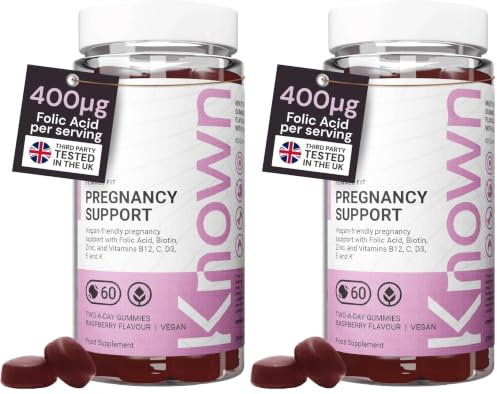 Known Soutien Grossesse Gummies avec 400mcg Acide Folique – Saveur Framboise – Complément Gommes Végan Multivitamines Prénatales avec Vitamin D3, K, C, E, B12, Biotine & Zinc – Cure 1 Mois (Lot de 2)