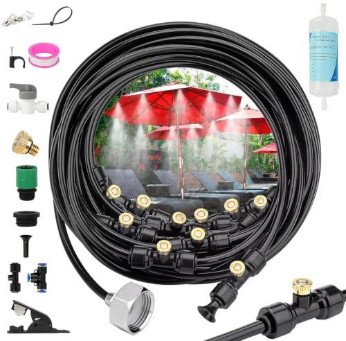 Sistema de pulverización para jardín, 18 m, para terraza, con 25 boquillas y corbatas, sistema de refrigeración de niebla, sistema de nebulización de agua para jardín, terraza, césped, balcón