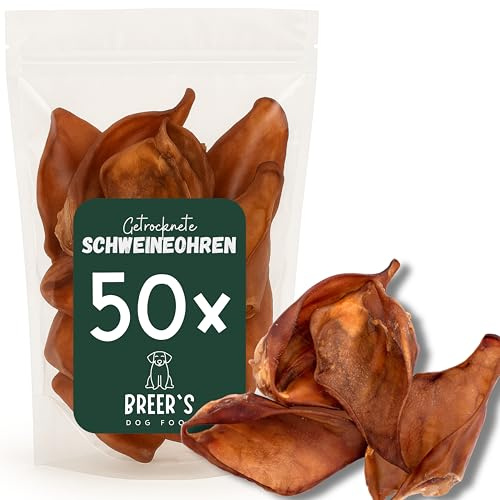 BREERs Getrocknete Schweineohren für Hunde 50 Stück Kauartikel aus Schwein, Hundeleckerli getreidefrei, Kausnack, Leckerli Hund, eigene deutsche Herstellung