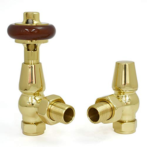 Hot Flow Antique Brass Shannon Angled Modern TRV Thermostatic Radiator Valve (Pair) Includes Angled TRV Body & One Lock Shield for Quick & Easy Temperature Control. Perfect for Energy Saving.