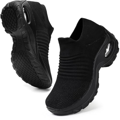 HKR Slip on Womens Trainers with Arch Support Comfortable Orthopedic Shoes for Women Plantar Fasciitis Non Slip Ladies Nurse Work Nordic Walking Shoes All Black UK 7