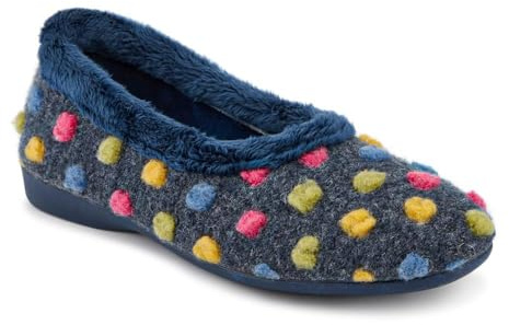 Pavers - Womens Full Slippers in Navy Multi - Playful Contrast Pom Poms - Flexible & Gripped Sole - Practical Design - Size 7 UK