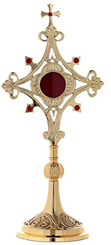 Holyart Reliquiar aus vergoldetem Messing mit roten Zirkoniasteinen, 30 cm