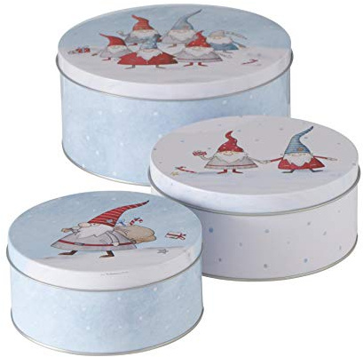 CasaJame 3er Set Metall Keksdose Plätzchendose rund hellblau weiß mit Weihnachtswichteln Sortiert H6-9cm