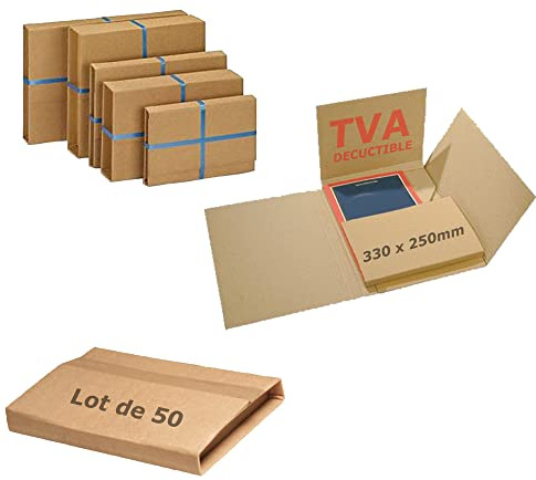 JECO - Lot de 50 étuis croix d'expédition carton brun 330x250mm boite pliante format lettre épaisseur variable 10 à 60 mm pour livre cadre tablette photo