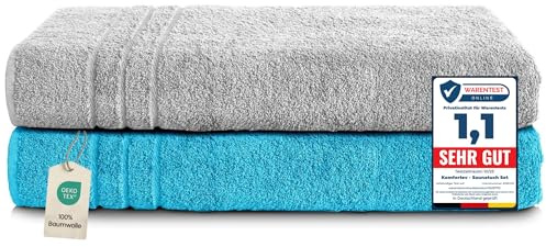 Komfortec Asciugamani 2 per Sauna 80x200 cm in 100% Cotone,470 g/m², Asciugamano Doccia Grande, Morbido, Asciugatura Rapida, Argento/Turchese