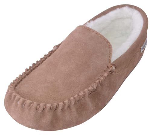 SNUGRUGS Mens Ronnie Suede Moccasin Slippers with Wool and Suede Sole - Lightbrown - UK 9