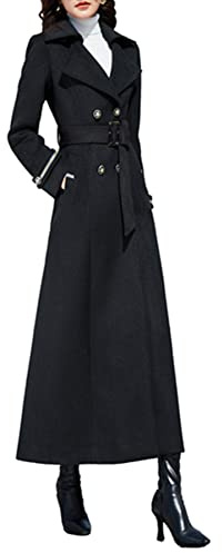 PLAERPENER Women's Classic Double-Breasted Thick Cashmere Coat Winter Long Wool Blend Trench Coat Jacket (Black-suit Collar- Style 3, 10)