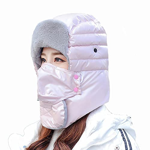 Winter Trappermütze für Damen, Winddicht Warm Wintermütze mit Ohrenklappen Thermo Bombermütze, Fliegermütze Trapper Hut Uschanka für Snowboarden Skaten Radfahren,Light pink,Without Goggles