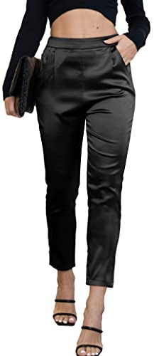 heipeiwa Women's Satin Pants Dress Casual Pleated Pull on High Waist Pants with Pockets, Drapeblack, M