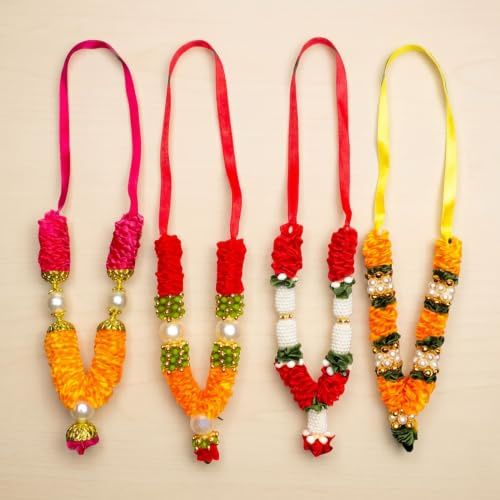 LOVENSPIRE Set of 4 Mini Idol Mala, Satin Ribbon & Plastic Bead, Diwali Hanging Ornament, Reusable Garland for Photo Frame God Shringar, 4.5 Inches