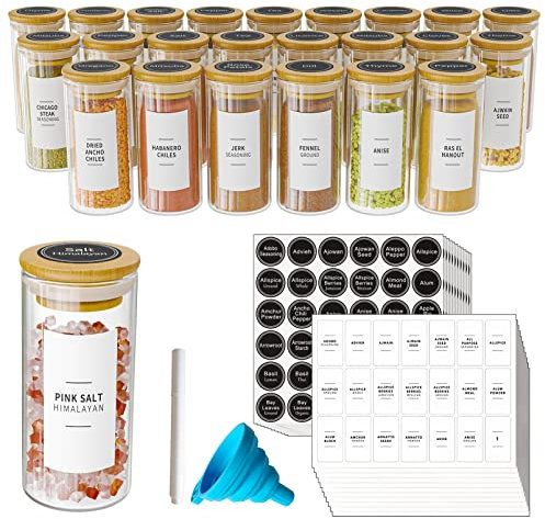 SpaceAid 24 Pcs Spice Jars with Bamboo Lids and Labels, Empty 4oz Glass Bottles, Minimalist Farmhouse Stickers with Funnel, Seasoning Containers for Spice Rack, Cabinet and Drawer