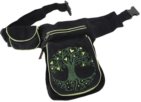 GURU SHOP Stoff Sidebag & Hüfttasche, Goa Gürteltasche, Bauchtasche aus Nepal - Tree of Life Schwarz/grün, Unisex - Erwachsene, 25x18x4 cm