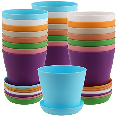 MUKCHAP 24 Pack 10cm Plastic Plant Pots with Saucers, 4 Inch Colorful Garden Round Flower Plant Pots with Drainage for Indoor and Outdoor, 8 Assorted Colors