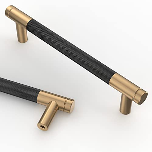Amerdeco 10 Stück Mattes Schwarz-Gold Schrankgriffe 128mm Lochabstand, Aluminium Griffe für Küchenschränke & Möbelgriffe für Schubladen