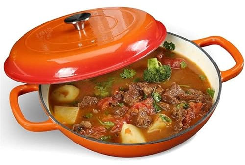 Stalwart DA-QT3107O Enameled Cast Iron Casserole Shallow Pot Round Orange 31cm 3.5 litres