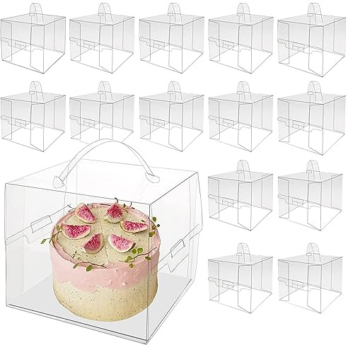 Roppolo 15 Pcs 6x6x5 Inch Clear Cake Boxes with Handle & Cake Boards, Easy Carrying Plastic Cake Containers, Cake Holder Carriers for Birthday Christmas Birthday Wedding, Party, Gift