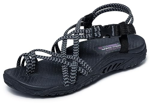 Skechers Women's REGGAE - PERFECT DUO sporty outdoor sandal, Black/Gray 9 M