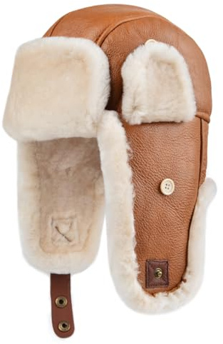 Harssidanzar lammskinn shearling vintermössa för män och kvinnor äkta läder, trappermössa, pilotmössa, hatt med öronlappar CU603EU, konjak, L