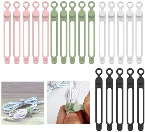 Silikon Kabelbinder, 20 Stück Wiederverwendbare Kabelbinder, Kabelbinder aus Silikon, 4 Farben Multifunktionale Kabelmanagement,Elastischer Leder Kabelorganisator, Kabelhalter Cable Ties
