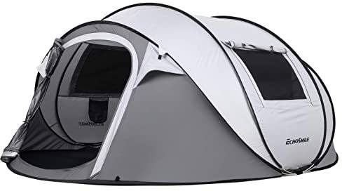 EchoSmile Tenda da Campeggio Istantanea Pop Up 4-6 Posti, Tenda Familiare Ultraleggera Portatile, Antivento e Impermeabile per Picnic, Trekking e Attività All'aperto, Bianco Grigio