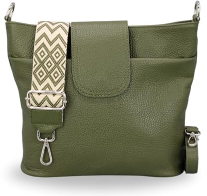 Brise Art Umhängetasche Damen Echtes Leder ELLIE Handgemachte Crossbody Bag mit Ledergurt + Optionalen Breiten Gemusterten Riemen 6 Fächer Wasserdichte Schultertasche Made in Italy (Khaki - 2)