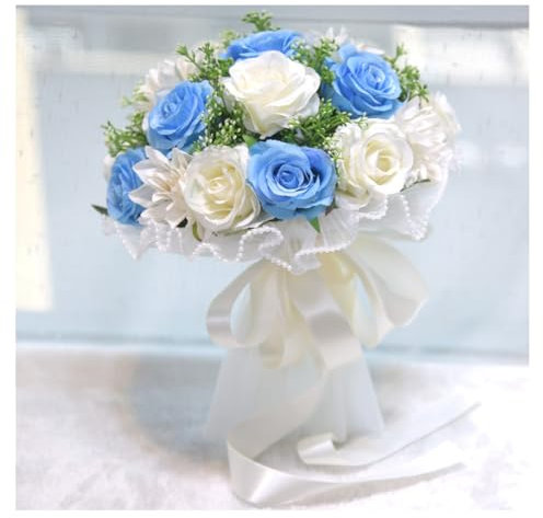 Hrlace Hochzeitsstrauß Romantische Brautstrauss Braut Satin Rosen Blumen Künstliche Blumenstrauß Handgemachte Brautstrauß mit Schleife für Braut Brautjungfer Hochzeit Zubehör Blau