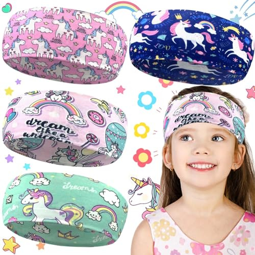 Soundzero 4 stycken barnhårband, elastiskt, flicka, enhörningspannband, hårband för kvinnor, mjuka, flerfärgade flickpannband, barnpannband flickor, för barn 6–15 år, sport (enhörning)