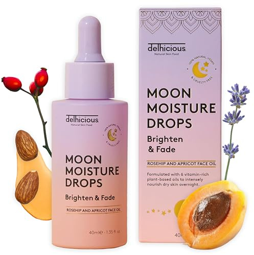 Delhicious Moon Moisture Anti-Ageing Face Oil Drops, 40ml | Hydrating Face Serum with Apricot and Rosehip Oils for Scars, Glow and Brightening. Natural Vegan Night Skincare