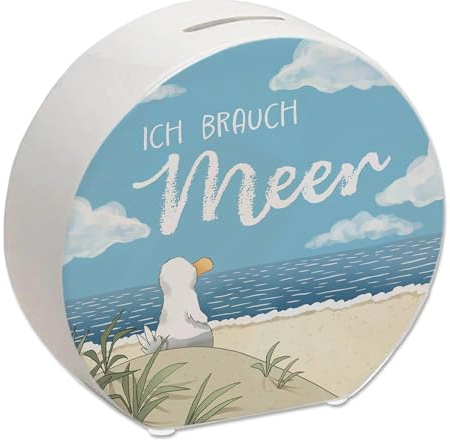 Möwe am Strand Spardose mit Spruch Ich brauch Meer Urlaubskasse zum Sparen für den nächsten Urlaub und Reise Perfekt für Küstenkind und Strandurlaub