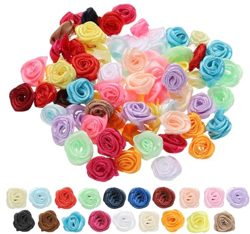 QUARKZMAN 100pz 1,5cm Mini Rose di Nastro in Raso Fiori Artificiali Stoffa Nastro Raso per Accessori Fai Da Te Cucito Confezione Regalo Decorazione Matrimonio, Multicolore
