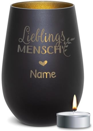 PR Print Royal Schwarzes Windlicht mit Gravur - Lieblingsmensch - mit Name Personalisieren - Geschenk für Beste Freundin | Individuelle Gravur inkl. Teelicht, 450 ml, Innen Gold