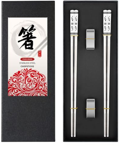 2 Pairs Metal Chopsticks - Stainless Steel Chop Sticks, Comes with Two Holders - Reusable & Dishwasher Safe, for Japanese Chinese Korean Kitchen & Dining (Gift Box)