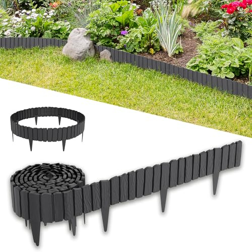 MAYTIIMO Holzoptik Beetbegrenzung, Korrosionsbeständige Beetumrandung, Rasenkante aus PP Kunststoff, Gartenpalisade ideal zur Unterteilung von Innenhof und Gemüsegarten, Anthrazit - 4,6 m(8 Stück)