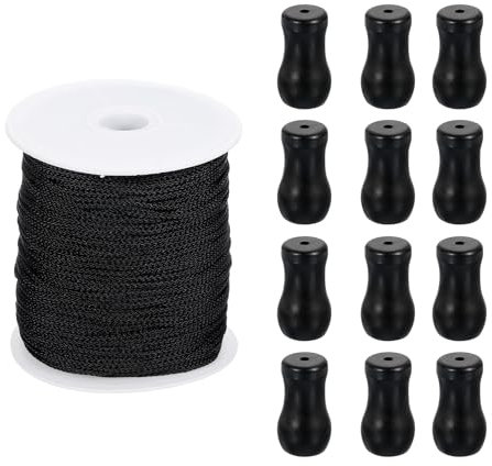 sourcing map Braided Lift Shade Cord, 1.8 mm 110 Yards/Roll Nylon Cord String with 20Pcs Wood Blind Pull Cord Knobs for Roman Blind Shade Rollers Repair Curtain Craft DIY (Black)
