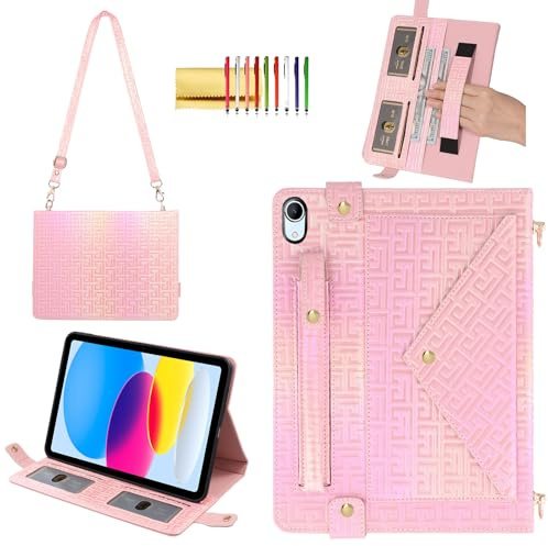 Techcircle Glänzende Schutzhülle für iPad (A16) 2025 11 Zoll/iPad 10. Generation, Handtasche mit Handschlaufe, schillerndes Folio-Etui mit Stifthalter, Kartenfächern und Schultergurt, glänzendes